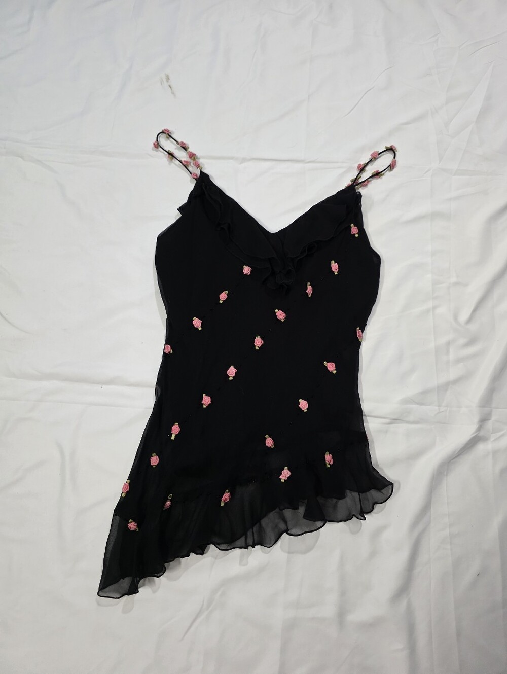 Vintage ICE 2000s 100% Silk Y2K Fairy Romantic Black Tank Top Floral Lace